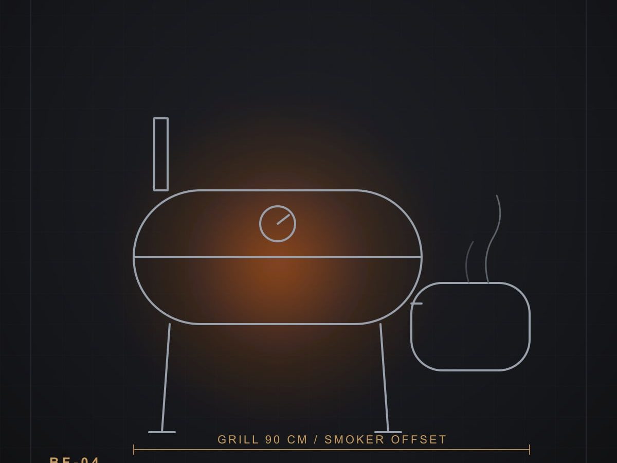 Olympos Grill & Smoker — technical drawing of a charcoal grill with offset smoker chamber